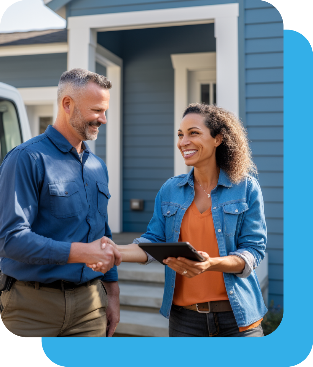 Contractor shaking hands with customer outside of blue house